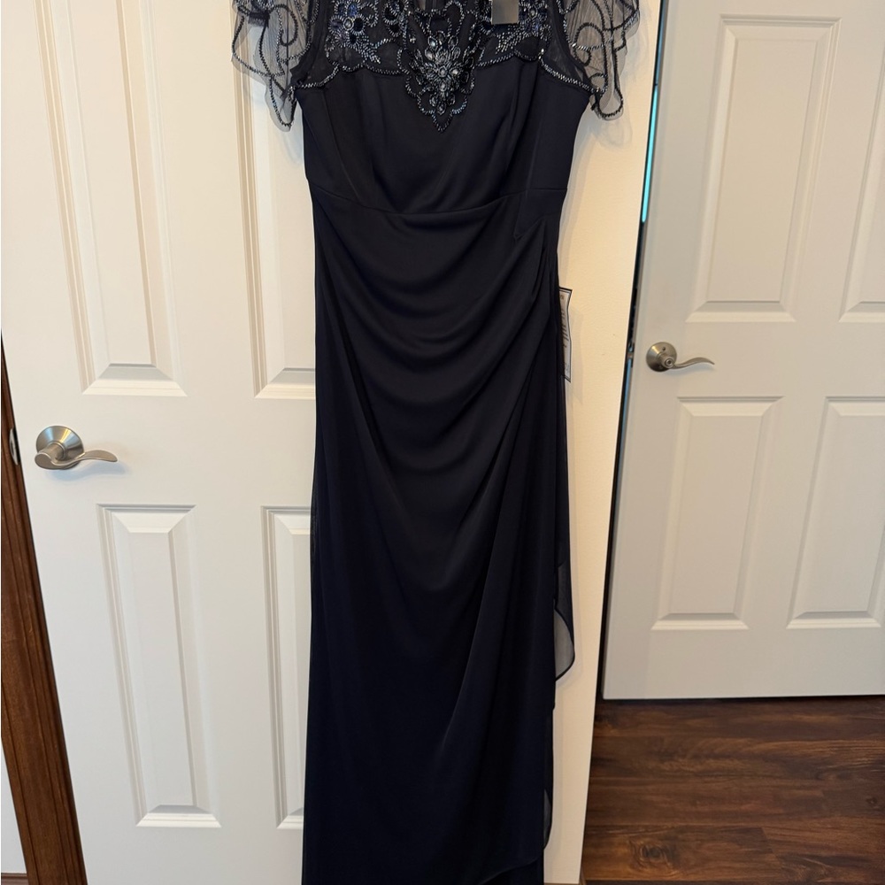 Xscape Navy Maxi Dress with Lace Overlay